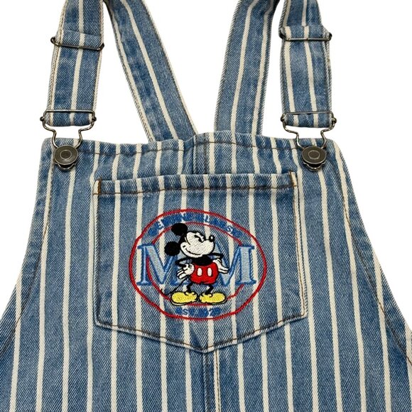 Disney Mickey Mouse Striped Denim Overall Dress Girls Size L Blue & White - Picture 2 of 4
